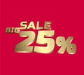 Big sale 25 percent 3Ds Letter Golden, 3Ds Level Gold color, big sales 3D, Percent on red color background