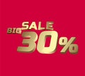 Big sale 30 percent 3Ds Letter Golden, 3Ds Level Gold color, big sales 3D, Percent on red color background