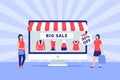 Big sale promotion ecommerce banner with people and computer monitor screen