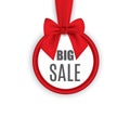 Big sale, round banner with red ribbon and bow, isolated on white background. Vector illustration. Royalty Free Stock Photo