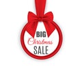 Big sale, round banner with red ribbon and bow, isolated on white background. Vector illustration. Royalty Free Stock Photo