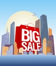 Big sale shopping bag in city. Royalty Free Stock Photo