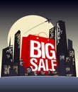 Big sale shopping bag in night city. Royalty Free Stock Photo