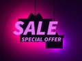 Big sale, special offer banner. Hanging gift boxes with bows on a bright gradient background, purple and pink colors. Design for Royalty Free Stock Photo