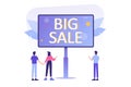 Big sale and special offer concept. People looking at big sale banner or billboard. Business promotion. Isolated modern flat Royalty Free Stock Photo