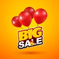 Big sale special offer design. Bright creative banner with red balloons and smile in love. Happy and funny style, can be