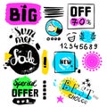 Big sale, special offer, new offer, numbers crazy doodles. Hand drawing multicolored different shapes. Doodle style brushes. Set o Royalty Free Stock Photo