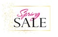 Big sale. Spring discounts. The inscription on a white background. Golden frame and confetti. Spring season