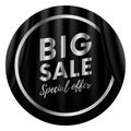 Big sale sticker or banner. Special offer. Dark style. Realistic black curtain background. Silver gradient color frame in the midd