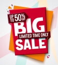 Big sale vector banner design. 50% off discount in a label card tags for market shopping Royalty Free Stock Photo