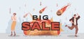 Big sale vector flat banner design. People celebrating sales. Large burning meteorites falling on prices.