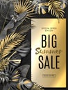 Big sale vertical banner. Summer sale tropical leaves poster. Exotic gold and black leaves and plants background Royalty Free Stock Photo