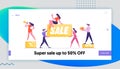 Big Sale Website Landing Page. Woman Promoter with Megaphone Stand on Podium with Percent Symbol