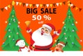 Big sall 50% off. Santa Claus character with a bell. Merry Santa Clause with animals, snow man and reindeer . Holiday greeting Royalty Free Stock Photo