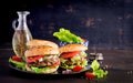 Big sandwich - hamburger burger with beef, tomato, red onion Royalty Free Stock Photo