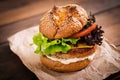 Big sandwich - hamburger with juicy turkey burger Royalty Free Stock Photo