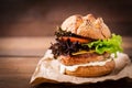 Big sandwich - hamburger with juicy turkey burger Royalty Free Stock Photo