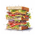 Big sandwich with meat, vegetables and cheese. Watercolor illustration