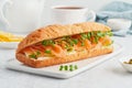 Big sandwich with salmon, cream cheese, cucumber slices on white concrete table.