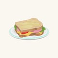 Big sandwich with slices of cheese, sausage, fresh tomato and greens. Fast food concept. Delicious snack. Traditional Royalty Free Stock Photo