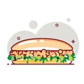 Big sandwich with tomato paste, chicken cutlet and salad. Colorful vector illustration.