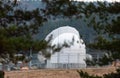 Big satellite dish antennas hidden in green pine tree forest communication center on forest background Royalty Free Stock Photo