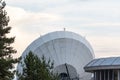 Big satellite dish antennas hidden in green pine tree forest communication center on bright blue white background Royalty Free Stock Photo