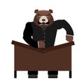 Big scary bear boss breaks table. Aggressive chef yells. Office Royalty Free Stock Photo