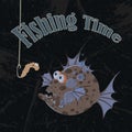 Big scary brown fish and a worm on a hook. Vector banner on the theme of fishing with the inscription on a black background and