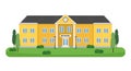 Big School building with trees, shrubs and lampposts illustration. Can be used for web banner, backdrop. Layout template. Royalty Free Stock Photo