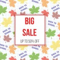 Big school sale. Background of colored maple leaves