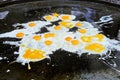 Big scrambled eggs in a hot steel skillet Royalty Free Stock Photo