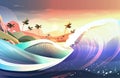 big sea or ocean wave with tropical island on background summer vacation concept Royalty Free Stock Photo