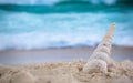 Big sea shell on the  sand on the beach with blur big sea wave in background, close up Royalty Free Stock Photo