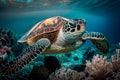 Big sea turtle gracefully swimming among vibrant coral reefs