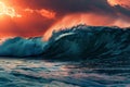 Big Sea Wave, Surf Concept, Ocean Waves at Red Sunset, High Tide, Storm, Big Sunny Sea Wave Royalty Free Stock Photo