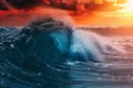 Big Sea Wave, Surf Concept, Ocean Waves at Red Sunset, High Tide, Storm, Big Sunny Sea Wave Royalty Free Stock Photo