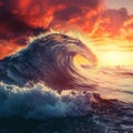 Big Sea Wave, Surf Concept, Ocean Waves at Red Sunset, High Tide, Storm, Big Sunny Sea Wave Royalty Free Stock Photo