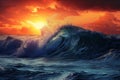 Big Sea Wave, Surf Concept, Ocean Waves at Red Sunset, High Tide, Storm, Big Sunny Sea Wave