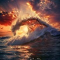 Big Sea Wave, Surf Concept, Ocean Waves at Red Sunset, High Tide, Storm, Big Sunny Sea Wave Royalty Free Stock Photo