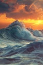 Big Sea Wave, Surf Concept, Ocean Waves at Red Sunset, High Tide, Storm, Big Sunny Sea Wave Royalty Free Stock Photo