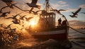 Big seagulls flock flying around wooden trawler boat with fishermen and sailor staff working on it open sea during beautiful Royalty Free Stock Photo