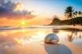 big seashell on sandy tropical beach, sea or ocean in the background, beautiful sea landscape, tropical paradise created
