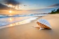 big seashell on sandy tropical beach, sea or ocean in the background, beautiful sea landscape, tropical paradise created