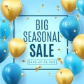 Big Seasonal Final sale text, special offer blue banner celebrate background with gold foil and blue air balloons