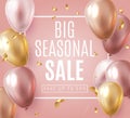 Big Seasonal Final sale text, special offer celebrate background with gold and pink air balloons. Realistic vector stock