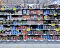 Big section of canned fish various manufacturers in a grocery department