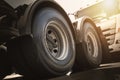 Big Semi Truck Wheels Tires. Rubber, Tyres. Tractor Truck. Freight Trucks Logistics Transport. Auto Service Shop Royalty Free Stock Photo