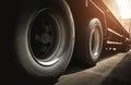 Big Semi Truck Wheels Tires. Rubber, Wheel Tyres. Freight Trucks Transport Logistics Royalty Free Stock Photo