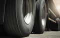 Big Semi Truck Wheels Tires. Rubber, Wheel Tyres. Freight Trucks Transport Logistics Royalty Free Stock Photo